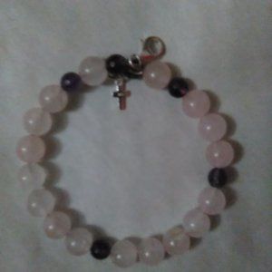 Rose Quartz and Amethyst Bracelet with a Stamped .925 Sterling Silver Cross
